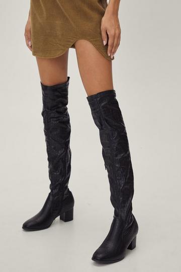 Purple Thigh High Faux Croc Block Heel Boots