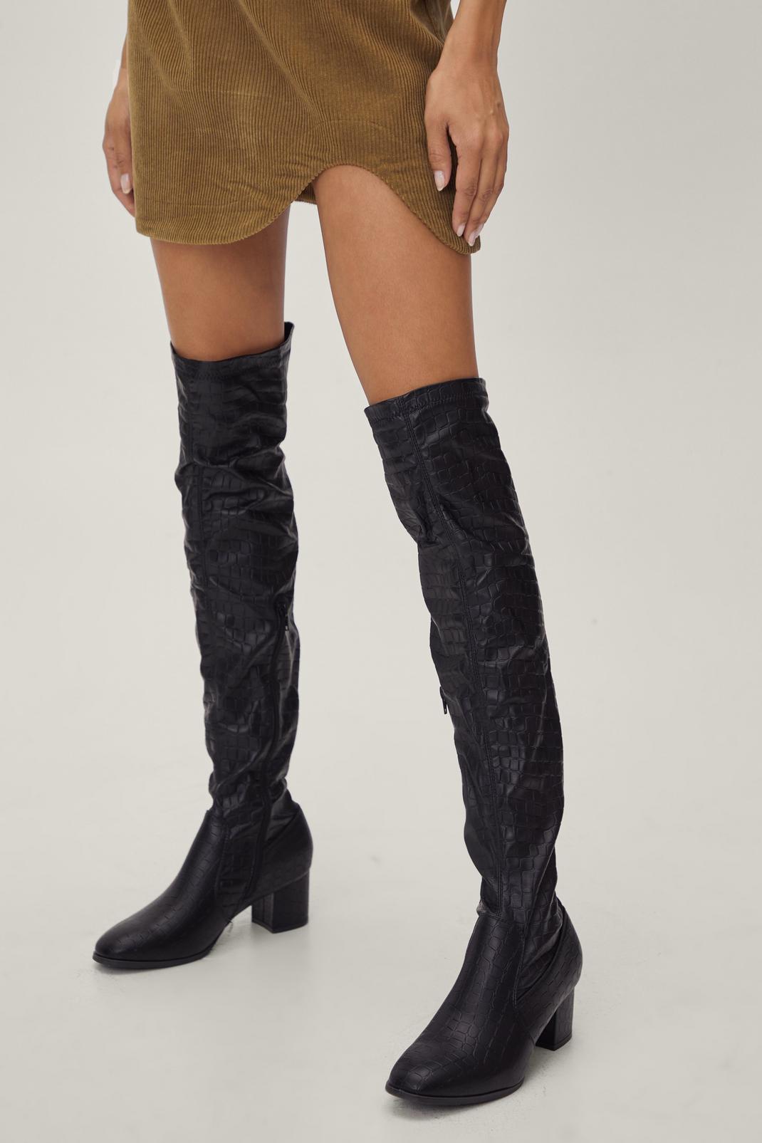 Black Thigh High Faux Croc Block Heel Boots image number 1