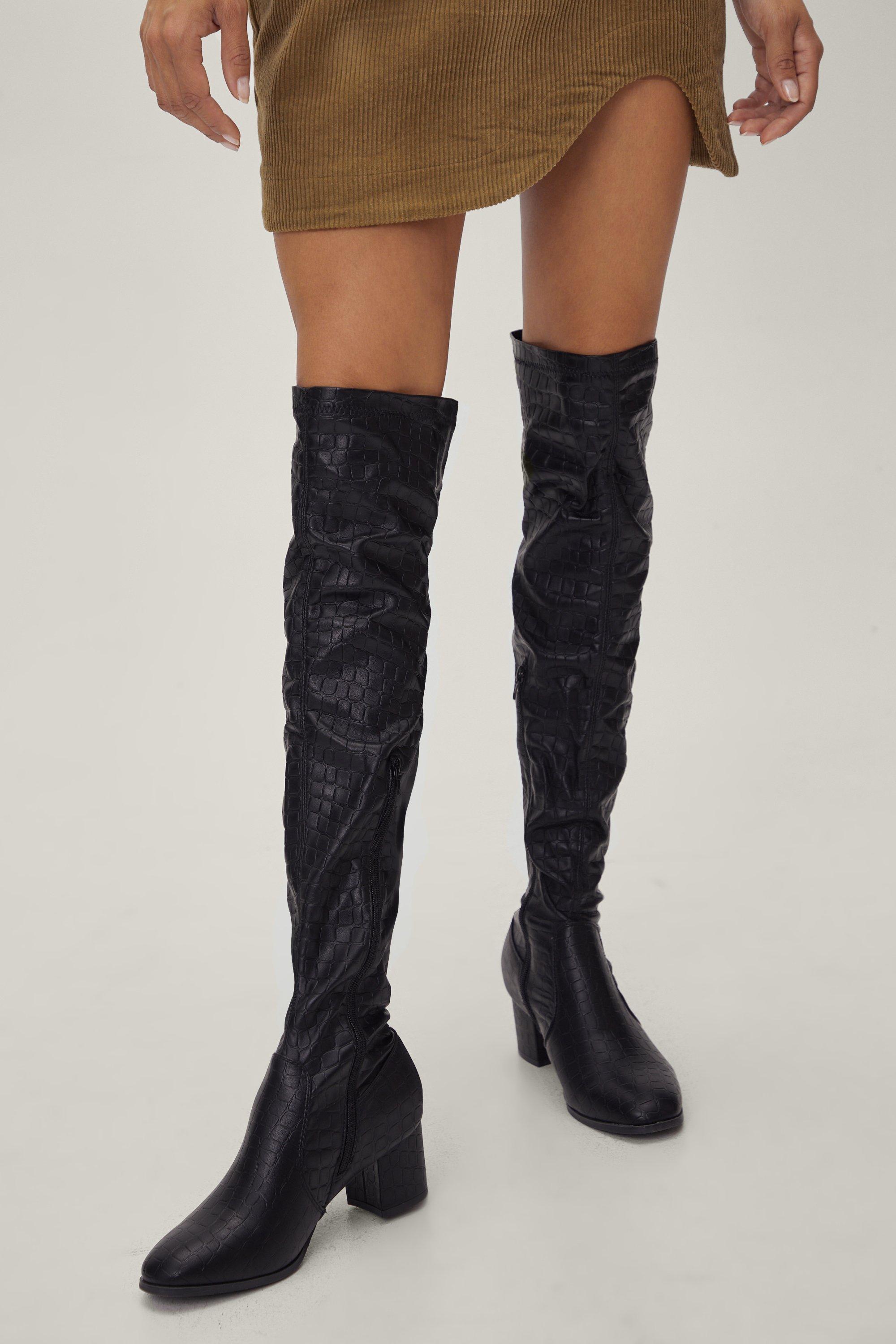 thigh high black boots block heel