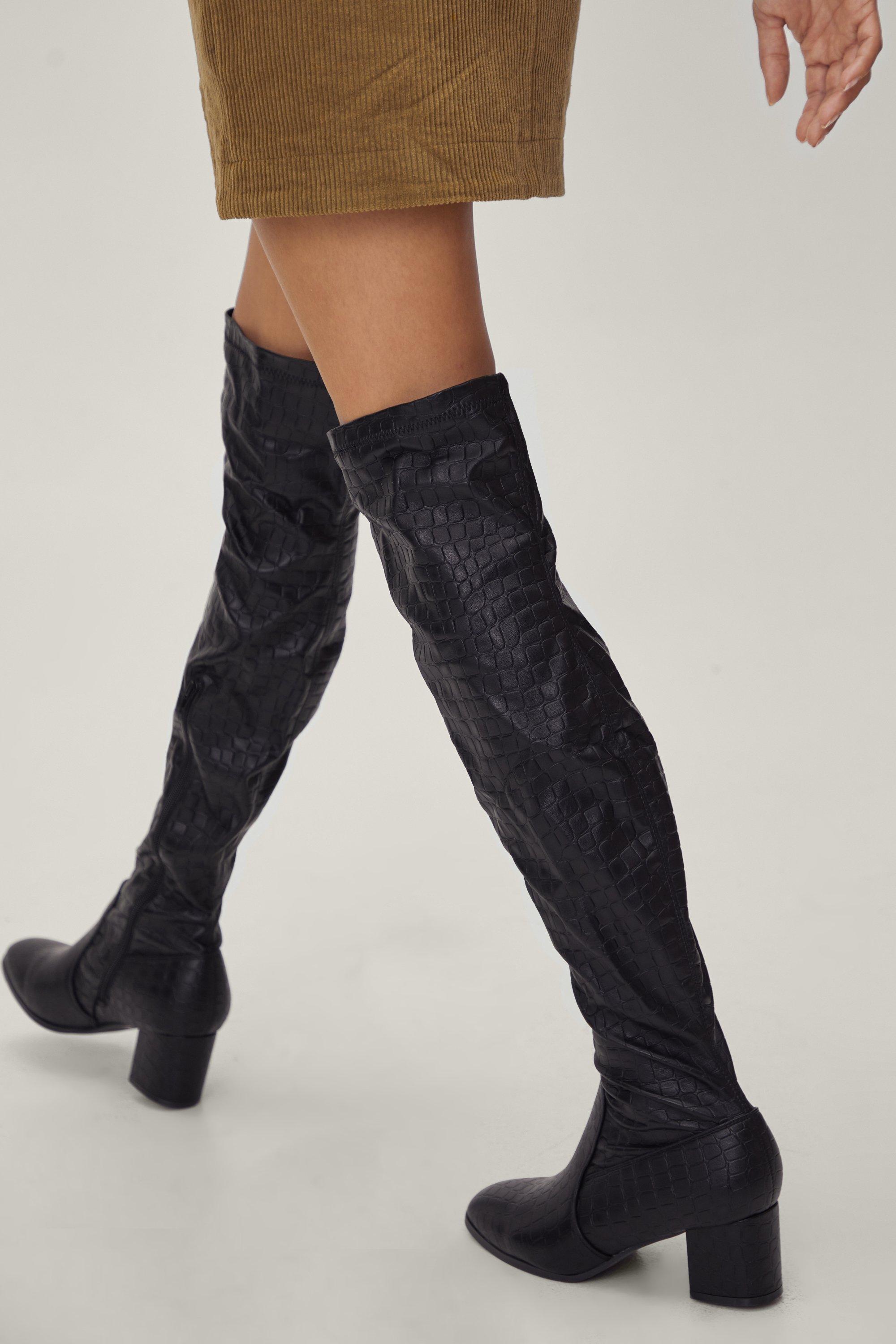 Thigh High Faux Croc Block Heel Boots | Nasty Gal