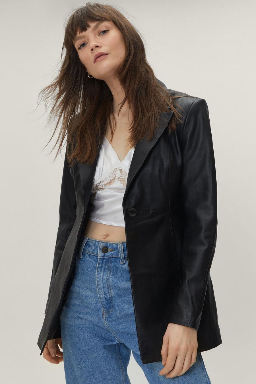 Real Leather Cinched Waist Blazer