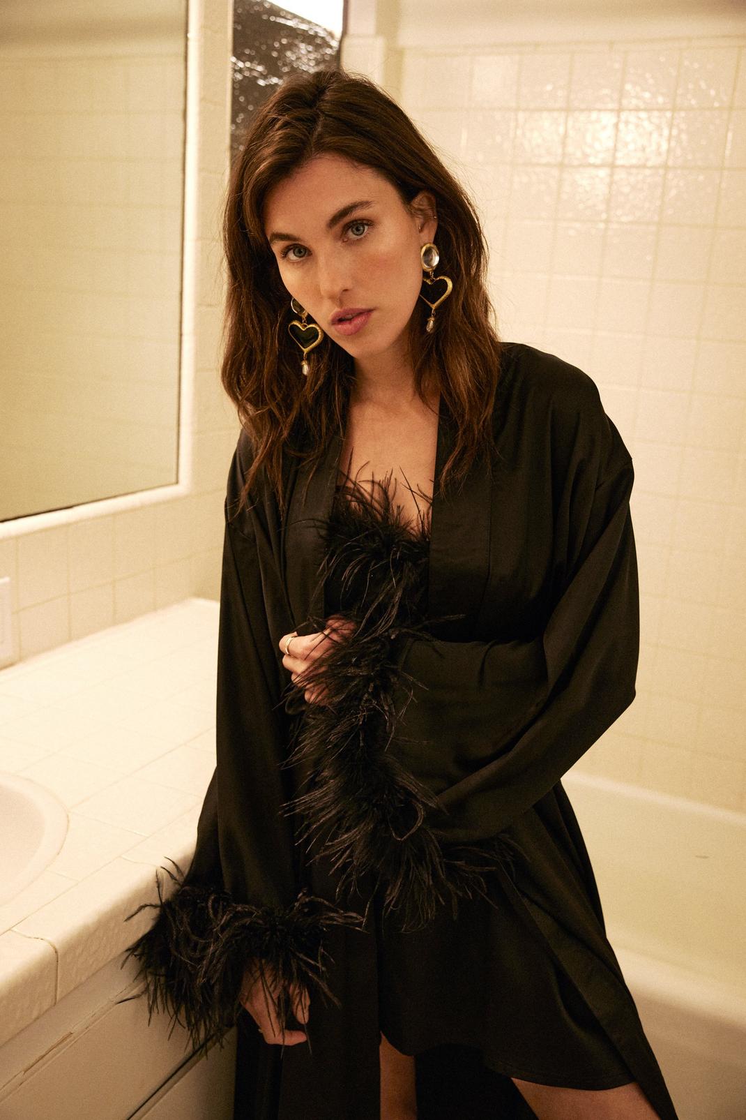 Black Feather Trim Satin Longline Dressing Gown image number 1