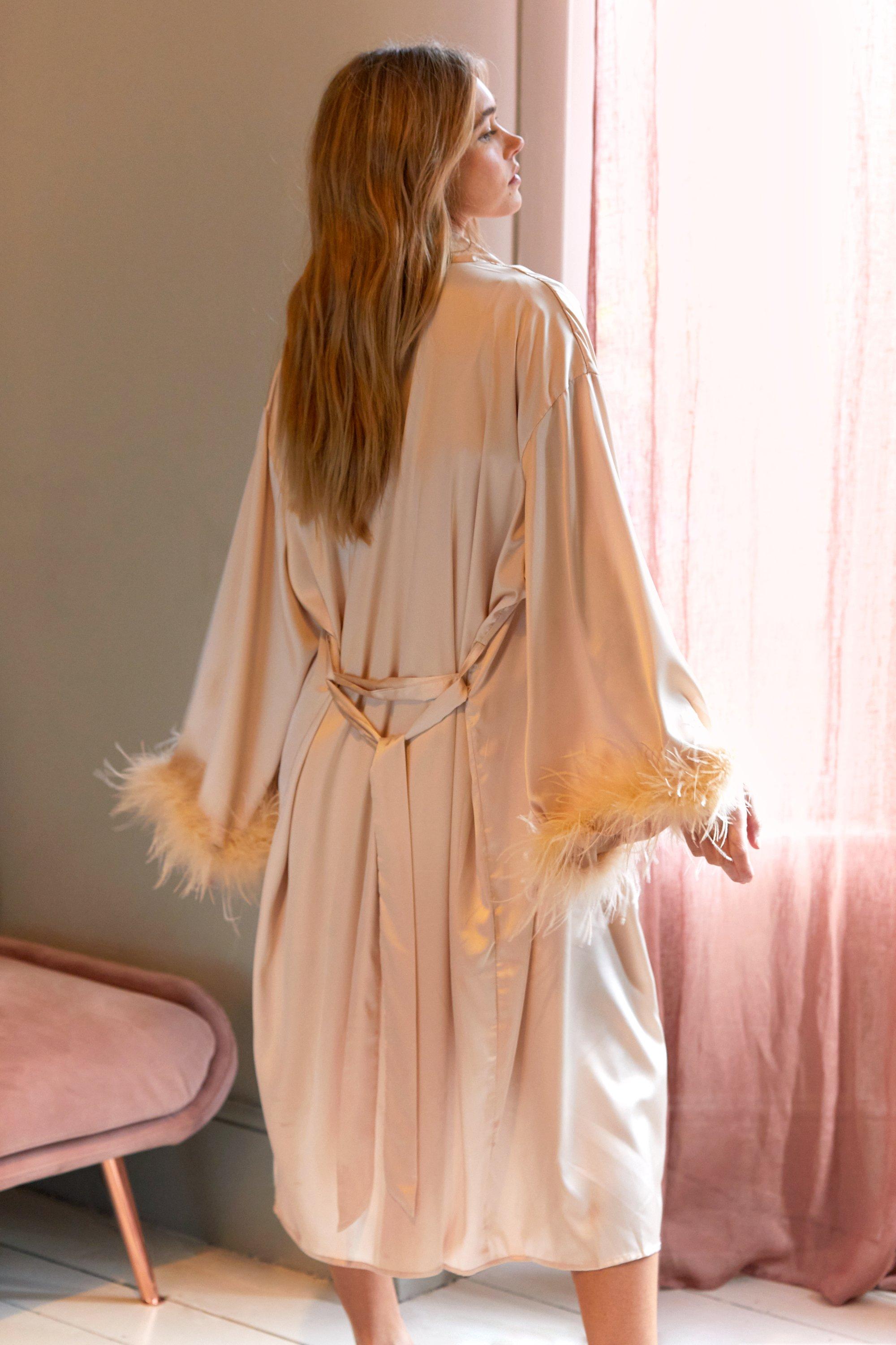 Women's Mulberry White Silk Luxe Long Robe with Feathers