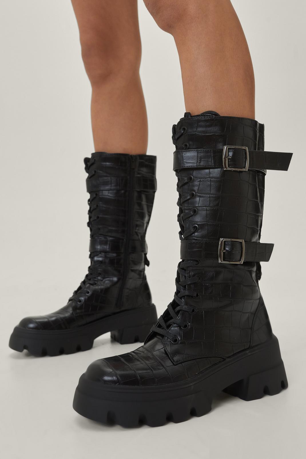 105 Faux Leather Croc Buckle Knee High Hiker Boot image number 2