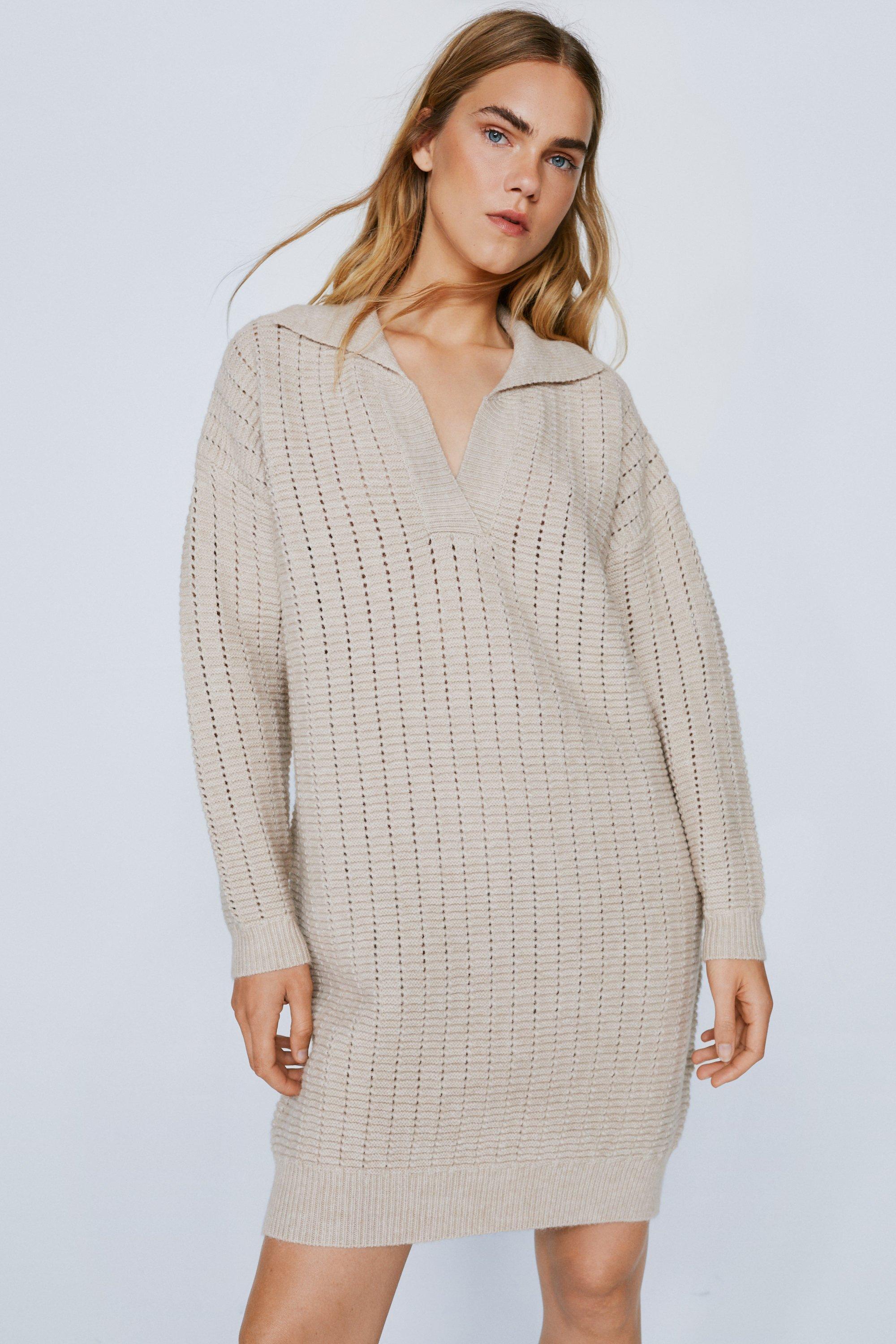 Open Stitch Collar Detail Sweater Dress