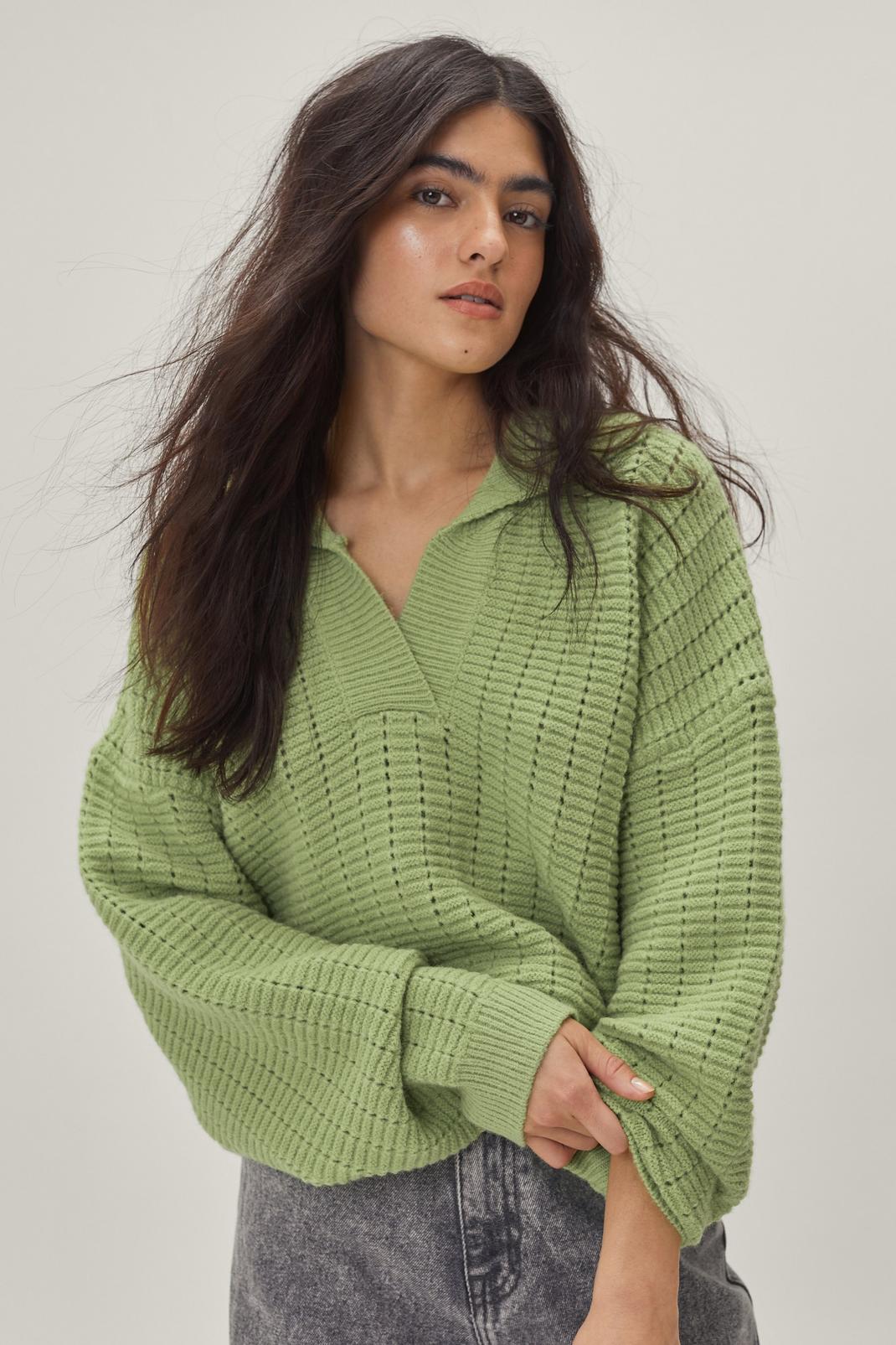 Olive Open Stitch Collar Detail Sweater image number 1