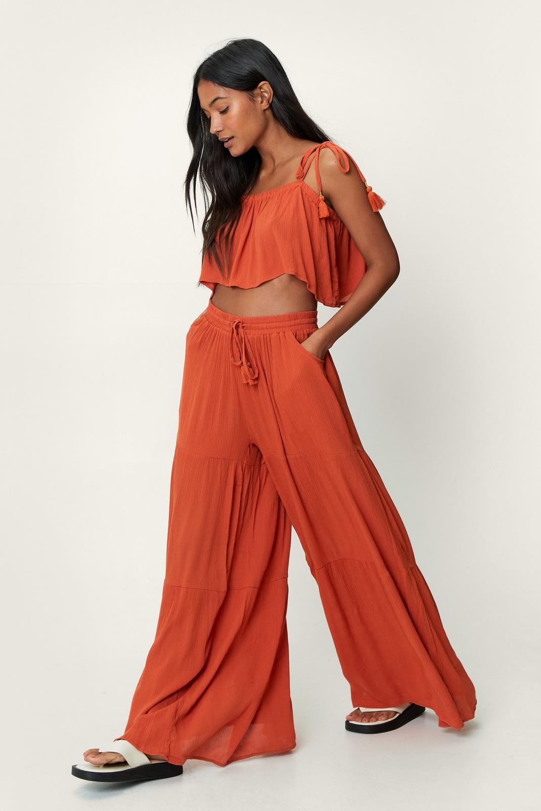 Rust Crinkle Tie Shoulder Cami and Tiered Wide Leg image number 1