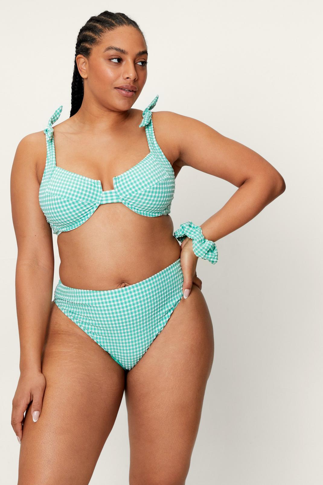 Sage Plus Size Textured Gingham Bikini and Scrunchie Set image number 1