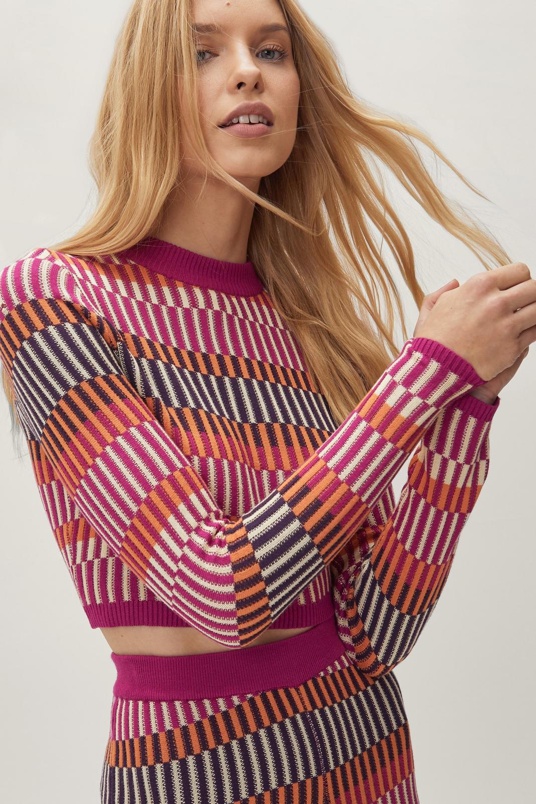 Pink Contrast Stripe Knitted Cropped Top image number 1