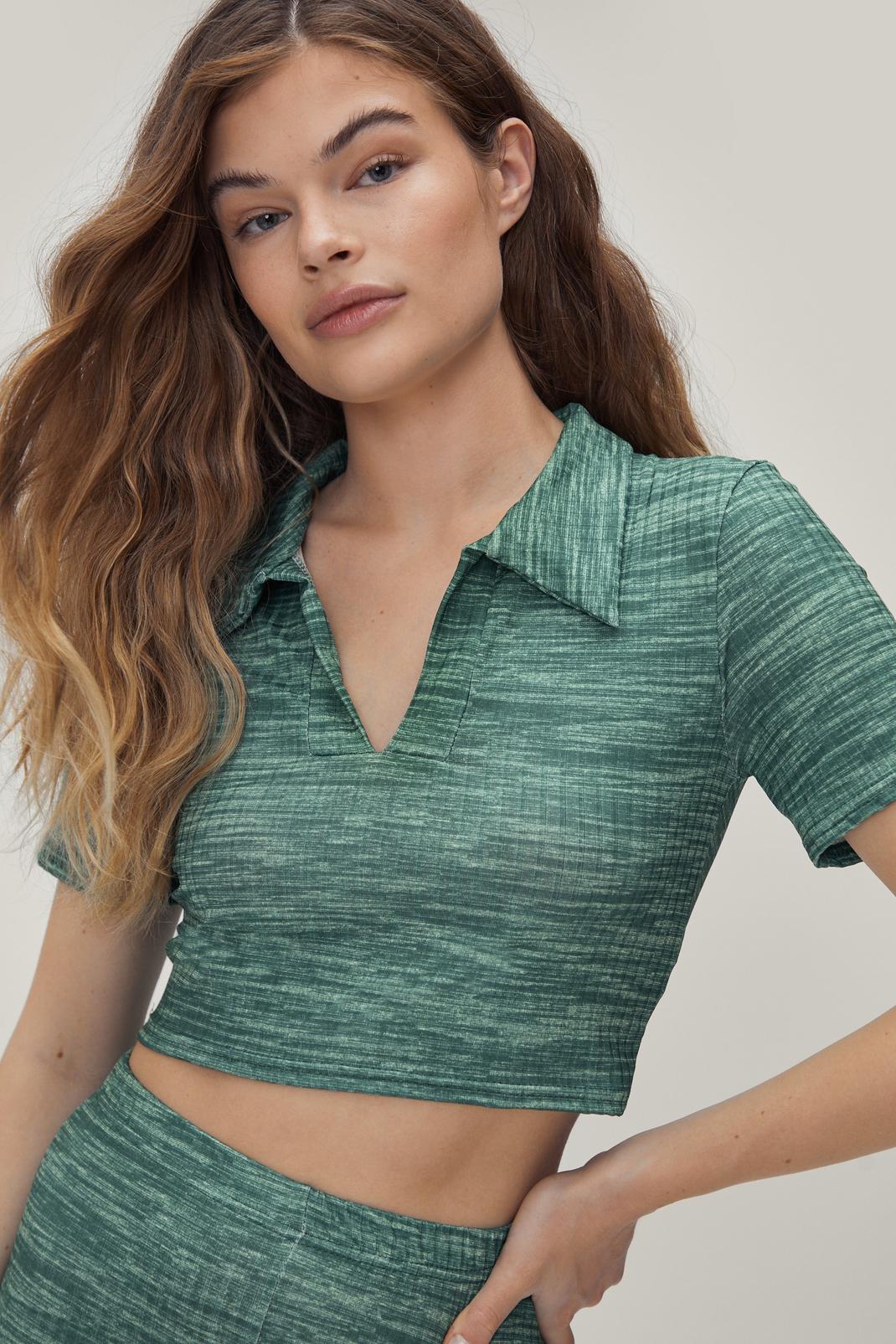 Green Ribbed Collared Fitted Crop Top image number 1