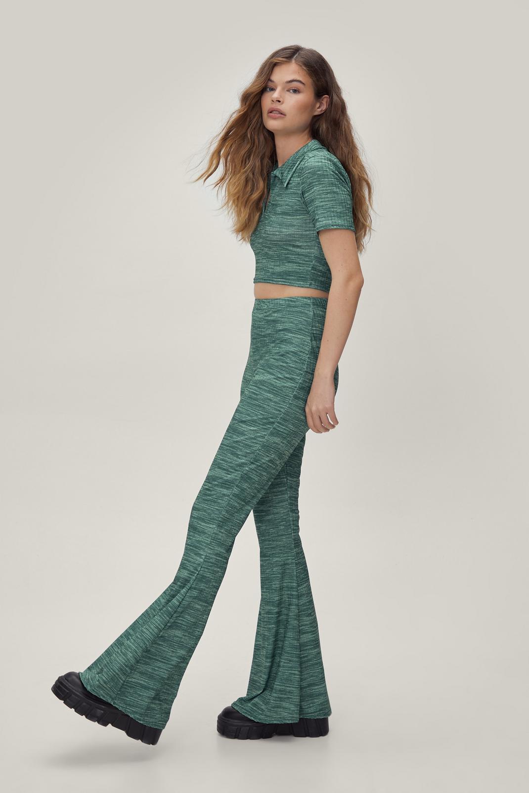 Green Ribbed Space Dye Fit and Flare Pants image number 1