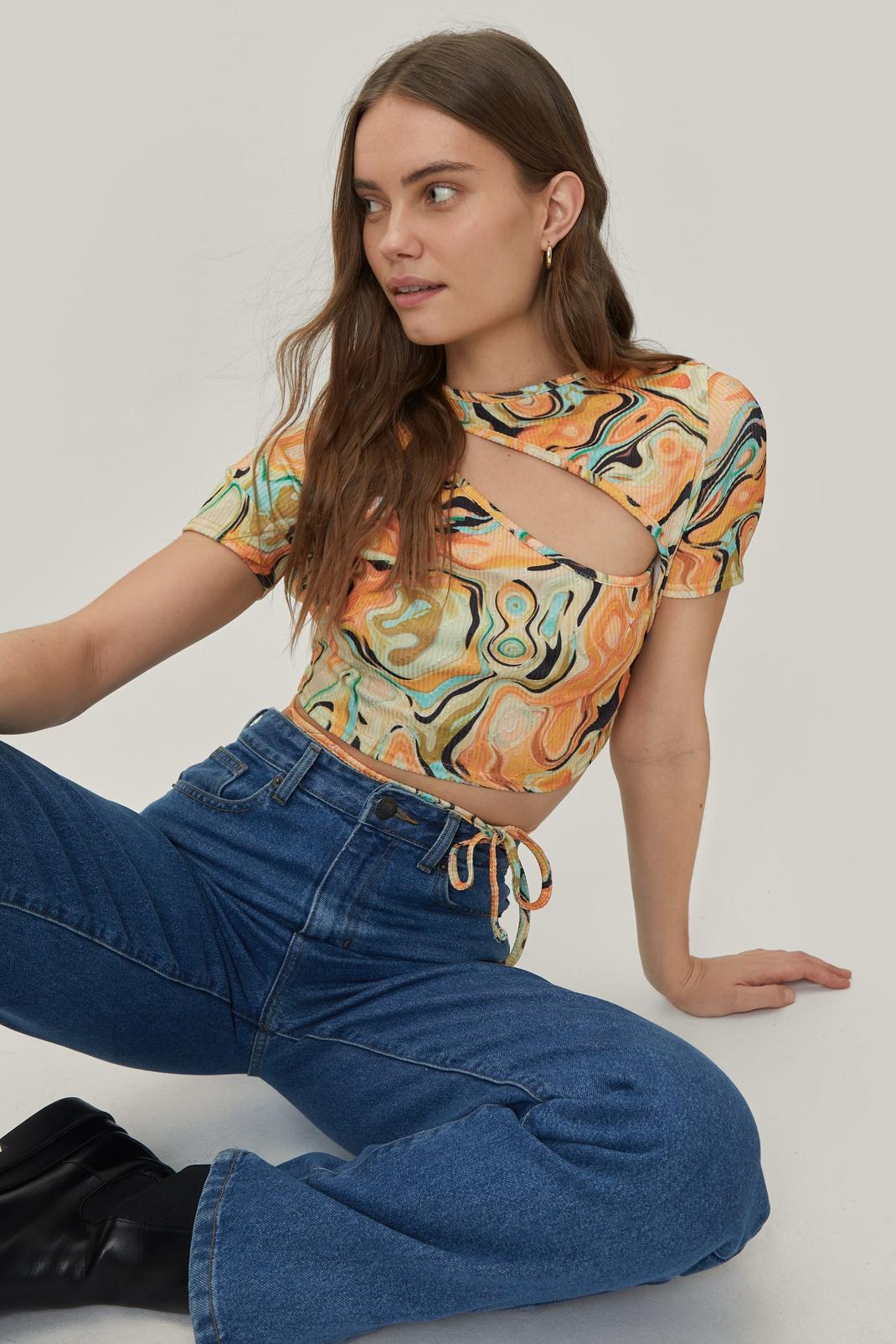 152 Cut Out Ribbed Marble Print Crop Top image number 1
