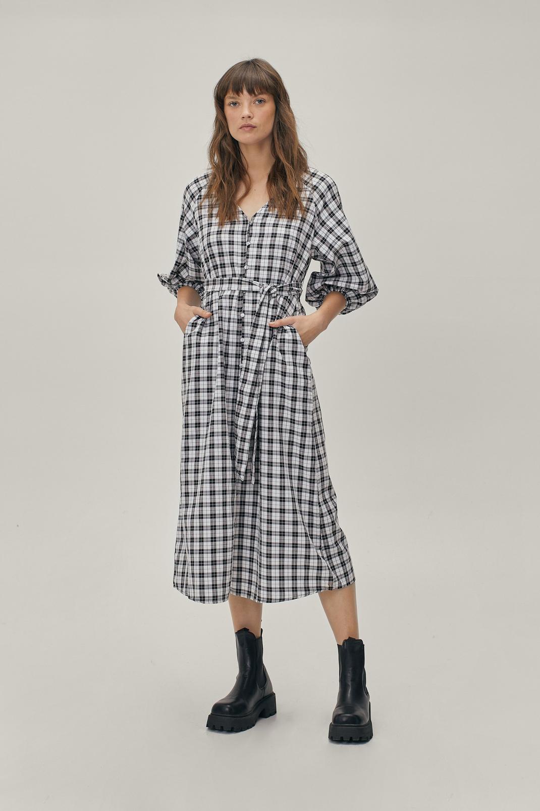 Mono Check Print Puff Sleeve Belted Midi Dress image number 1
