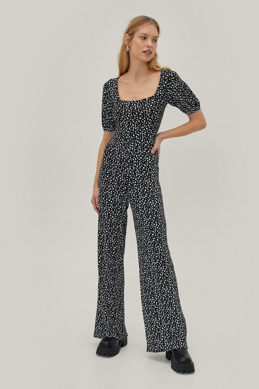 Square Neck Jersey Abstract Spot Jumpsuit