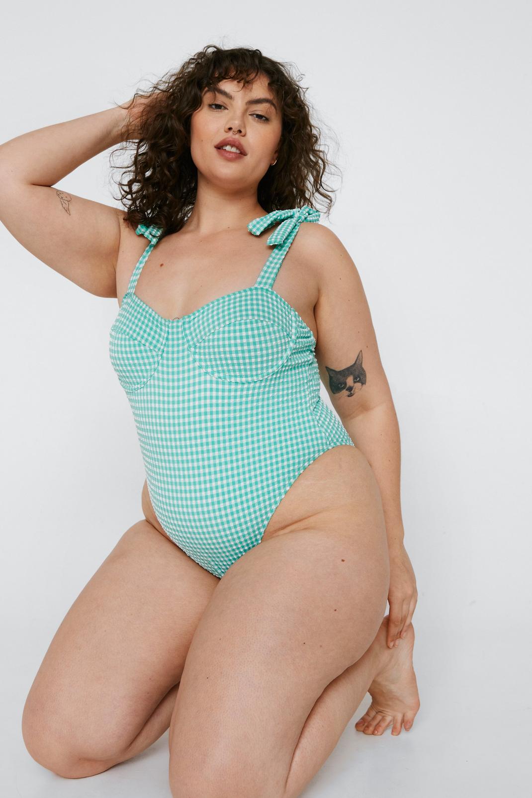 Sage Plus Size Textured Gingham Print Swimsuit image number 1