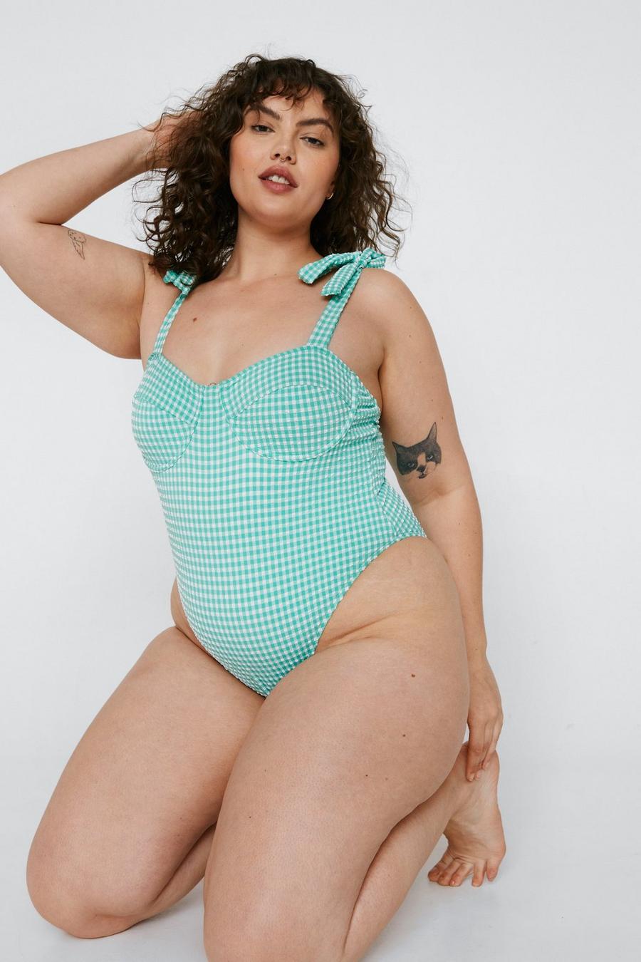 Plus Size Textured Gingham Print Swimsuit