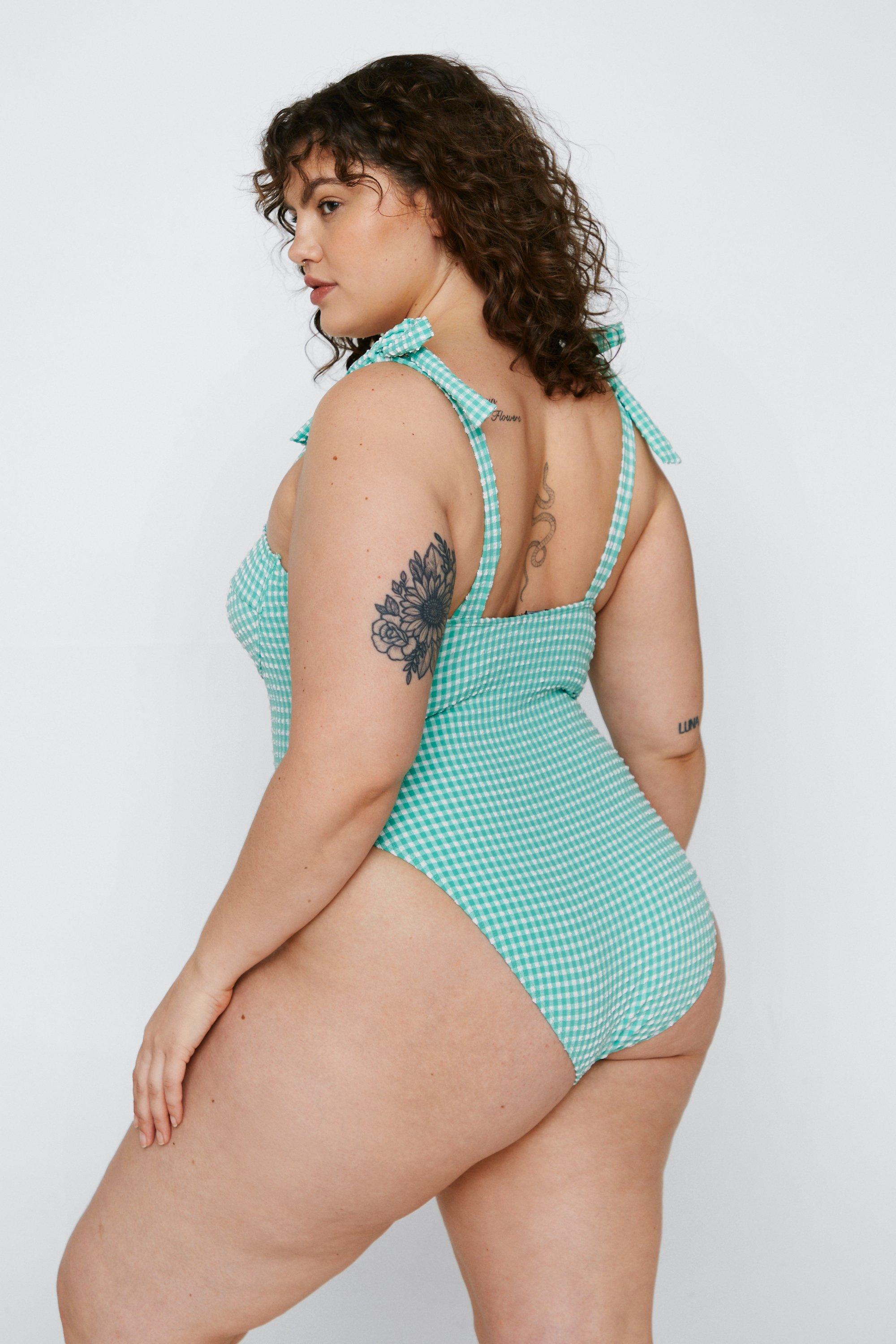 Plus Size Textured Gingham Print Swimsuit