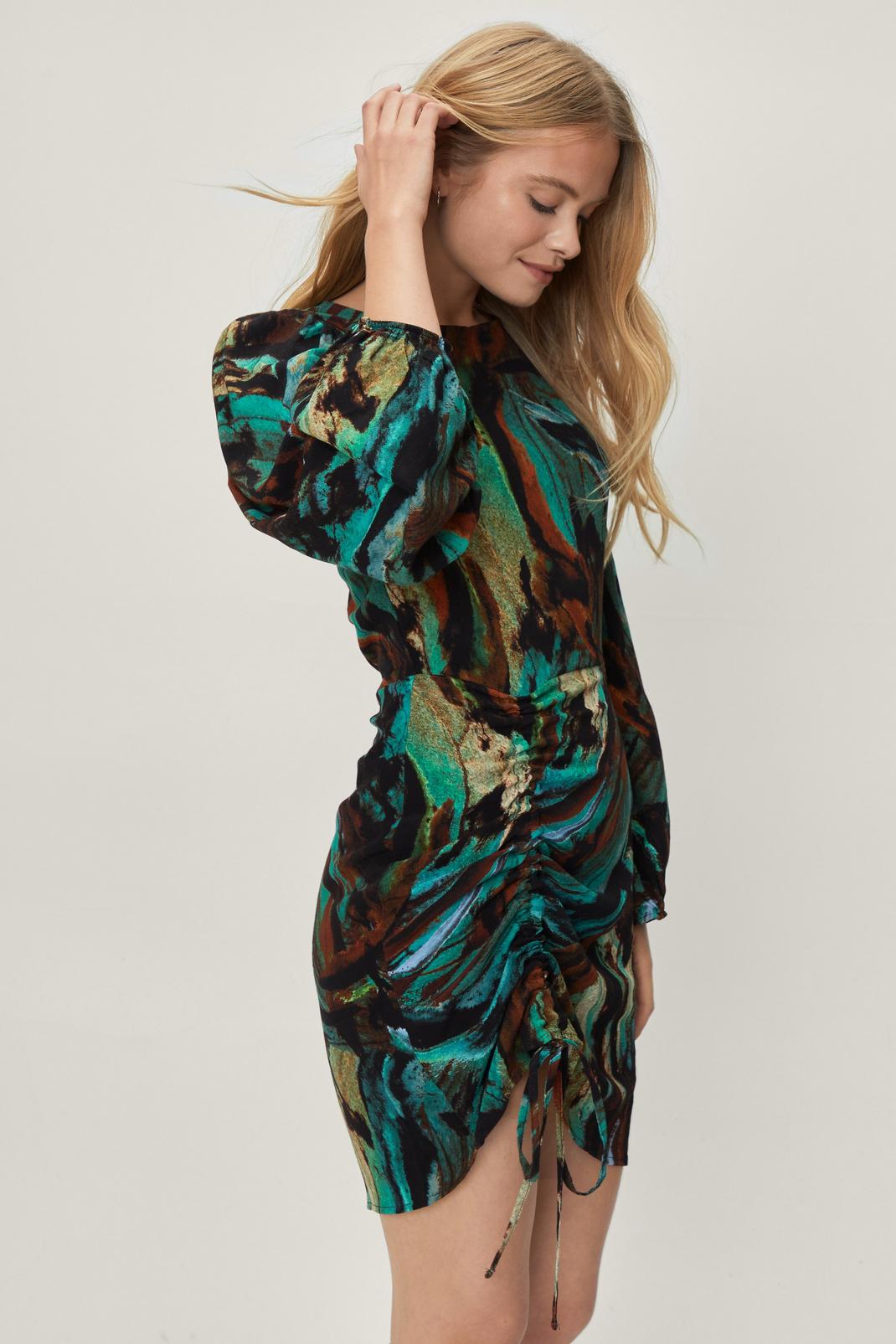 Green Abstract Print Puff Sleeve Drawstring Dress image number 1