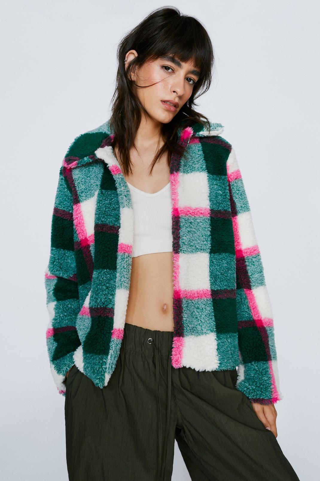 Green Check Print Faux Fur Cropped Jacket image number 1
