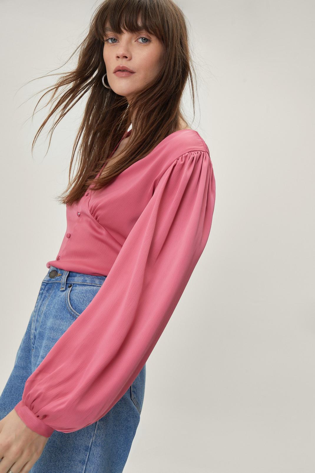 Pink Satin Button Detail Balloon Sleeve Blouse image number 1