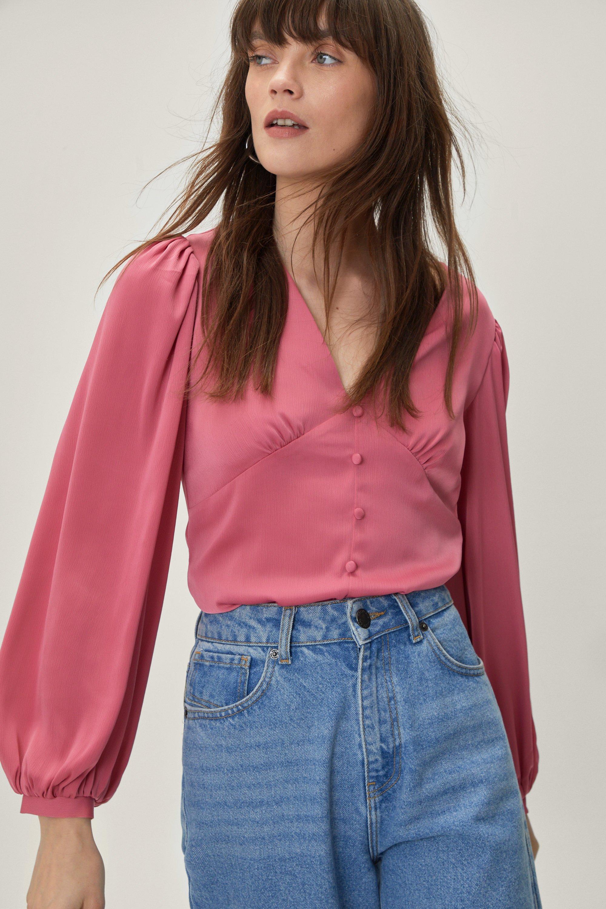 Satin Button Detail Balloon Sleeve Blouse