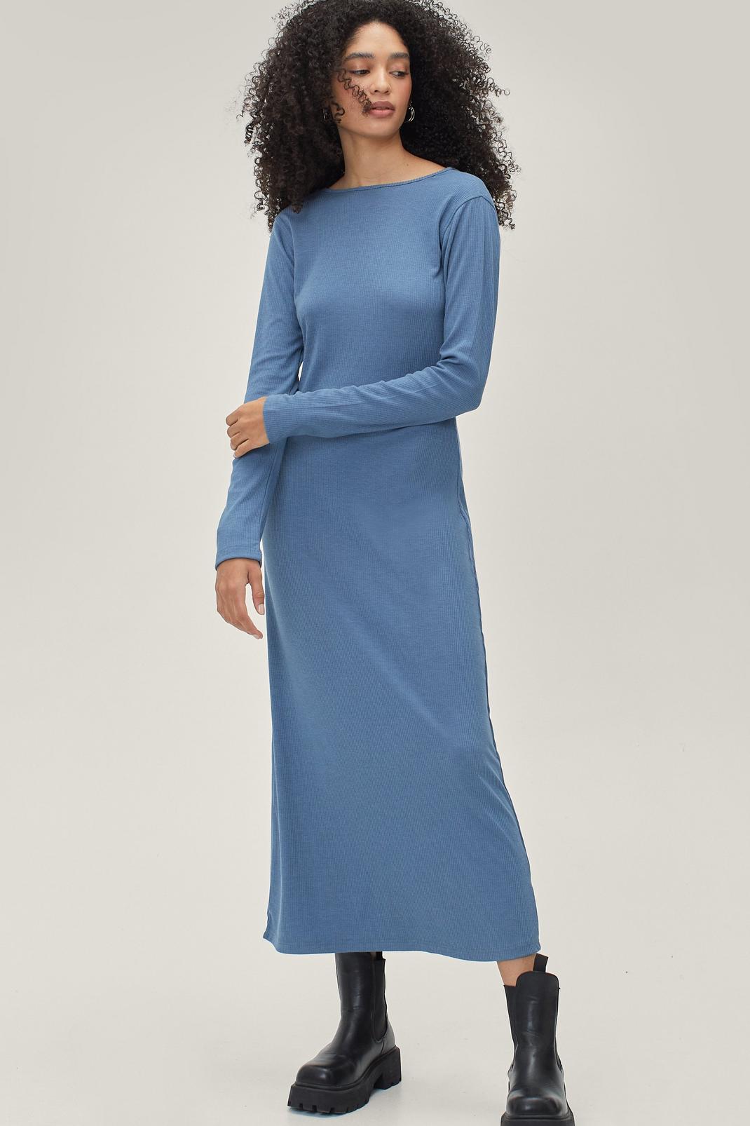 Blue Ribbed Long Sleeve Midi Dress image number 1