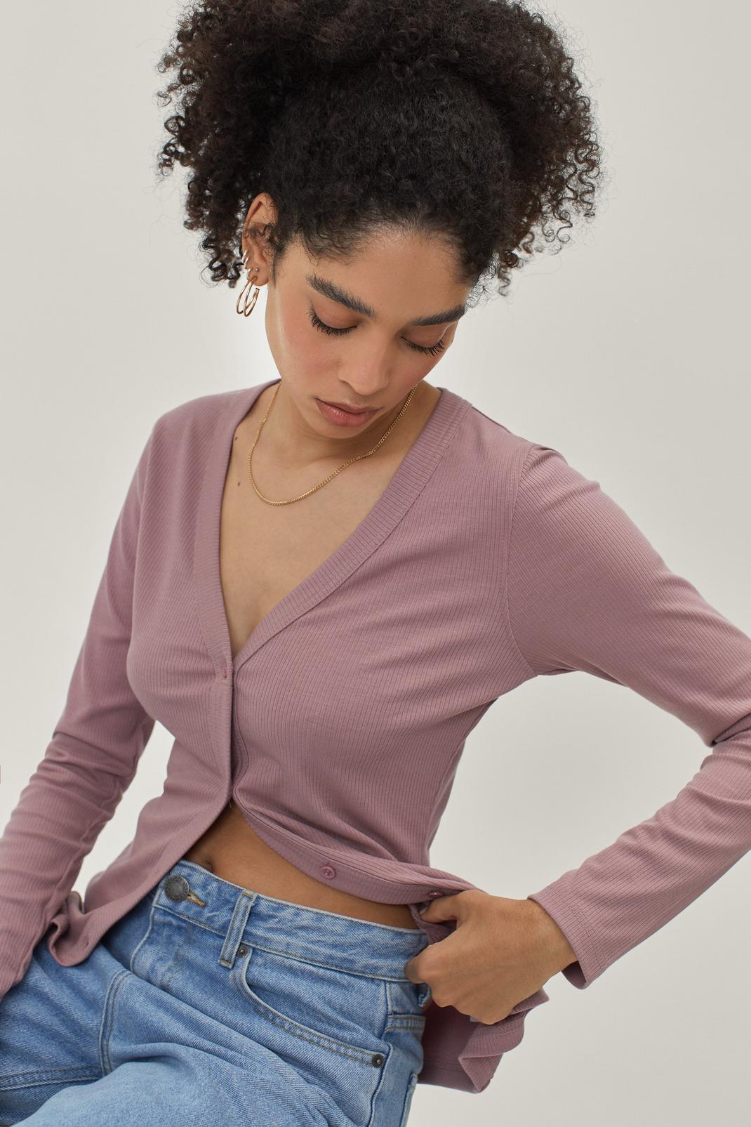 Blush Ribbed Button Down Long Sleeve Top image number 1