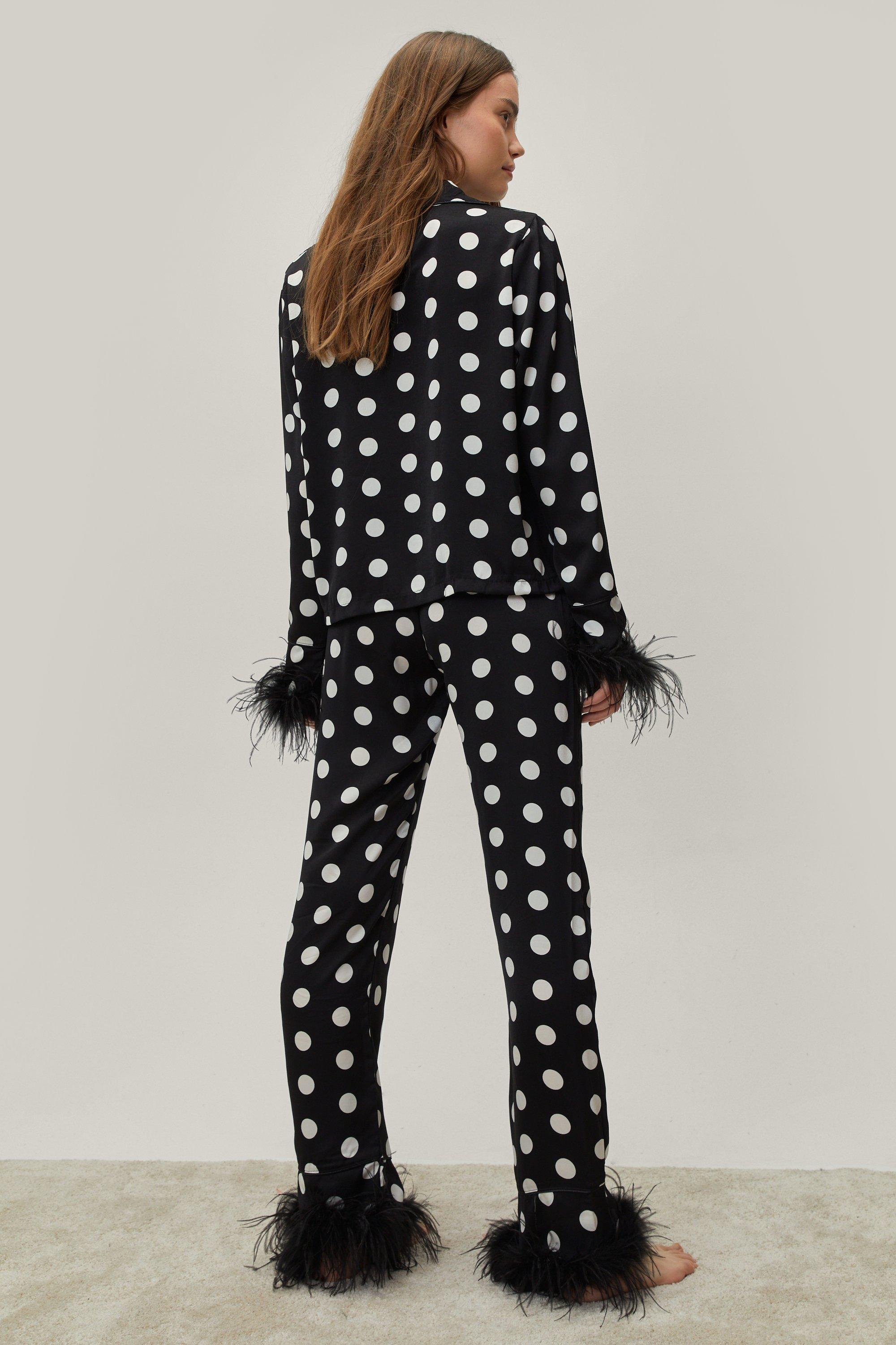 Polka Dot Feather Trim Shirt Pants Pajama Set