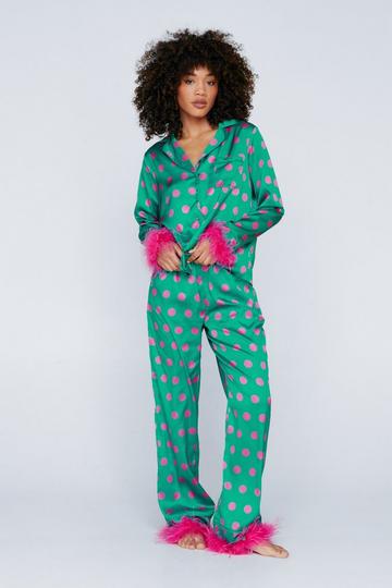 Polka Dot Feather Trim Shirt & Pants Pajama Set green