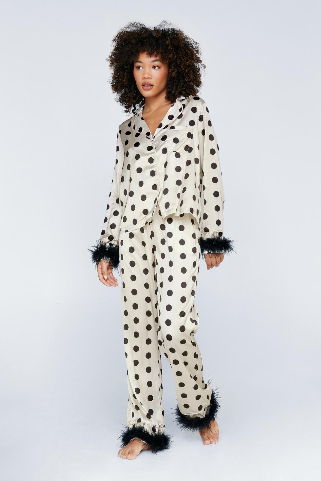 Ivory Polka Dot Feather Trim Shirt & Pants Pajama Set image number 1