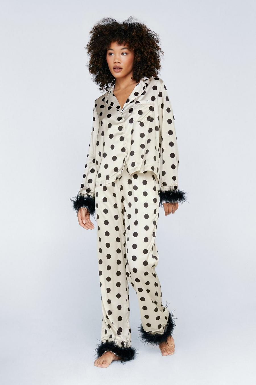 Polka Dot Feather Trim Shirt & Trousers Pyjama Set