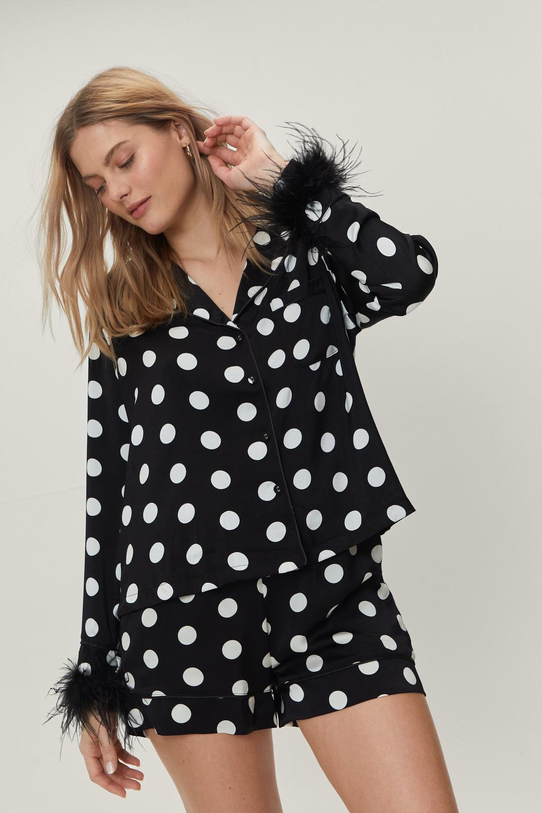Black Polka Dot Feather Trim Pajama Shirt and Shorts Set image number 1