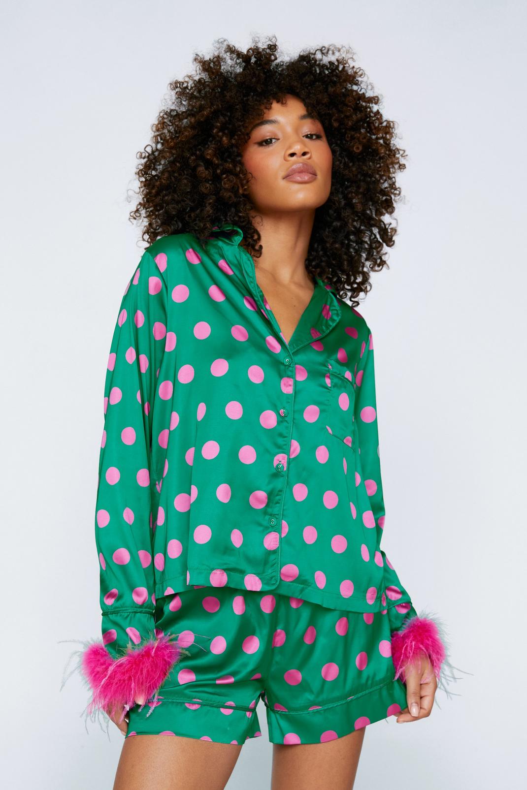Green Polka Dot Feather Trim Pyjama Shirt and Shorts Set image number 1