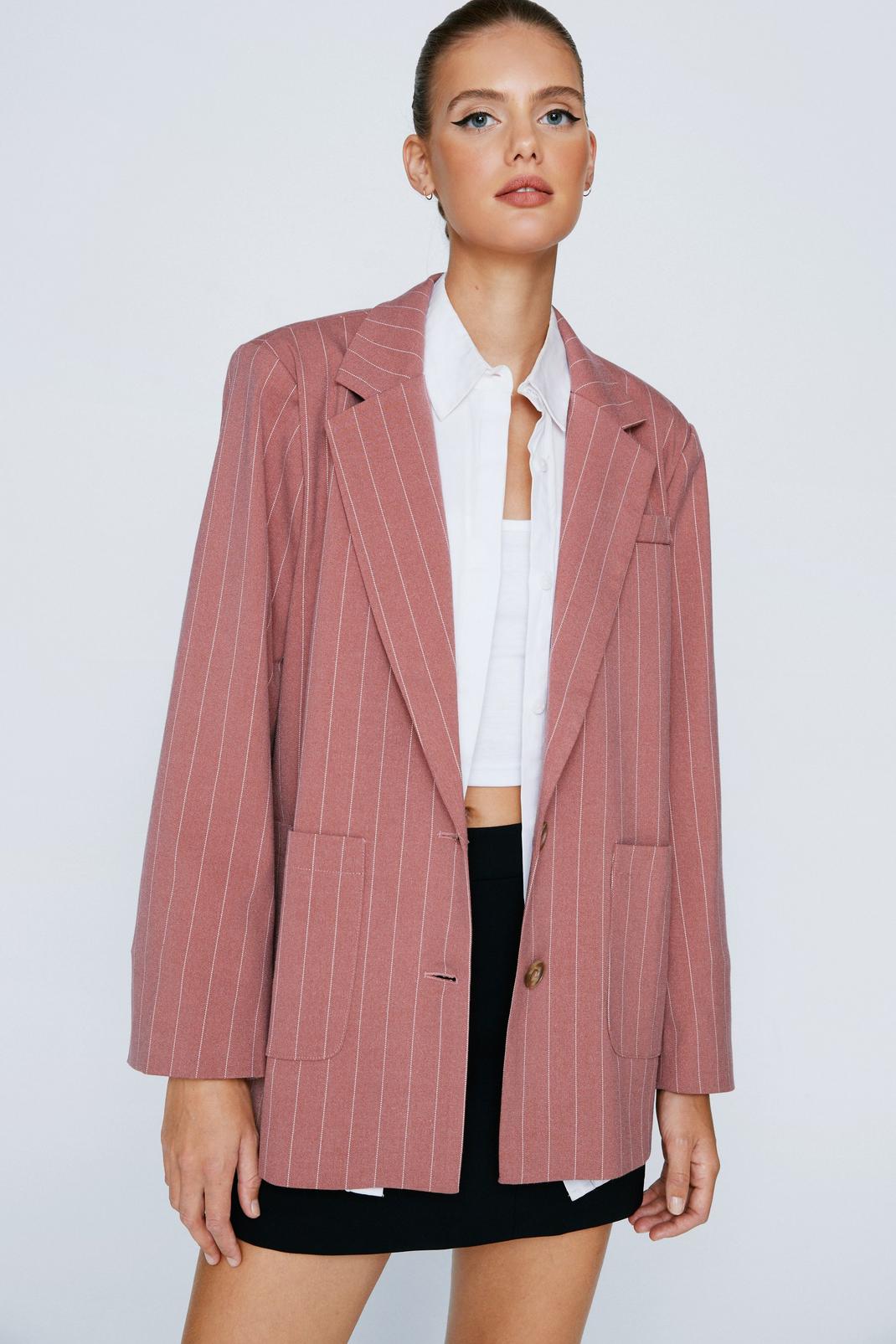 Pink Striped Wool Look Oversized Blazer image number 1