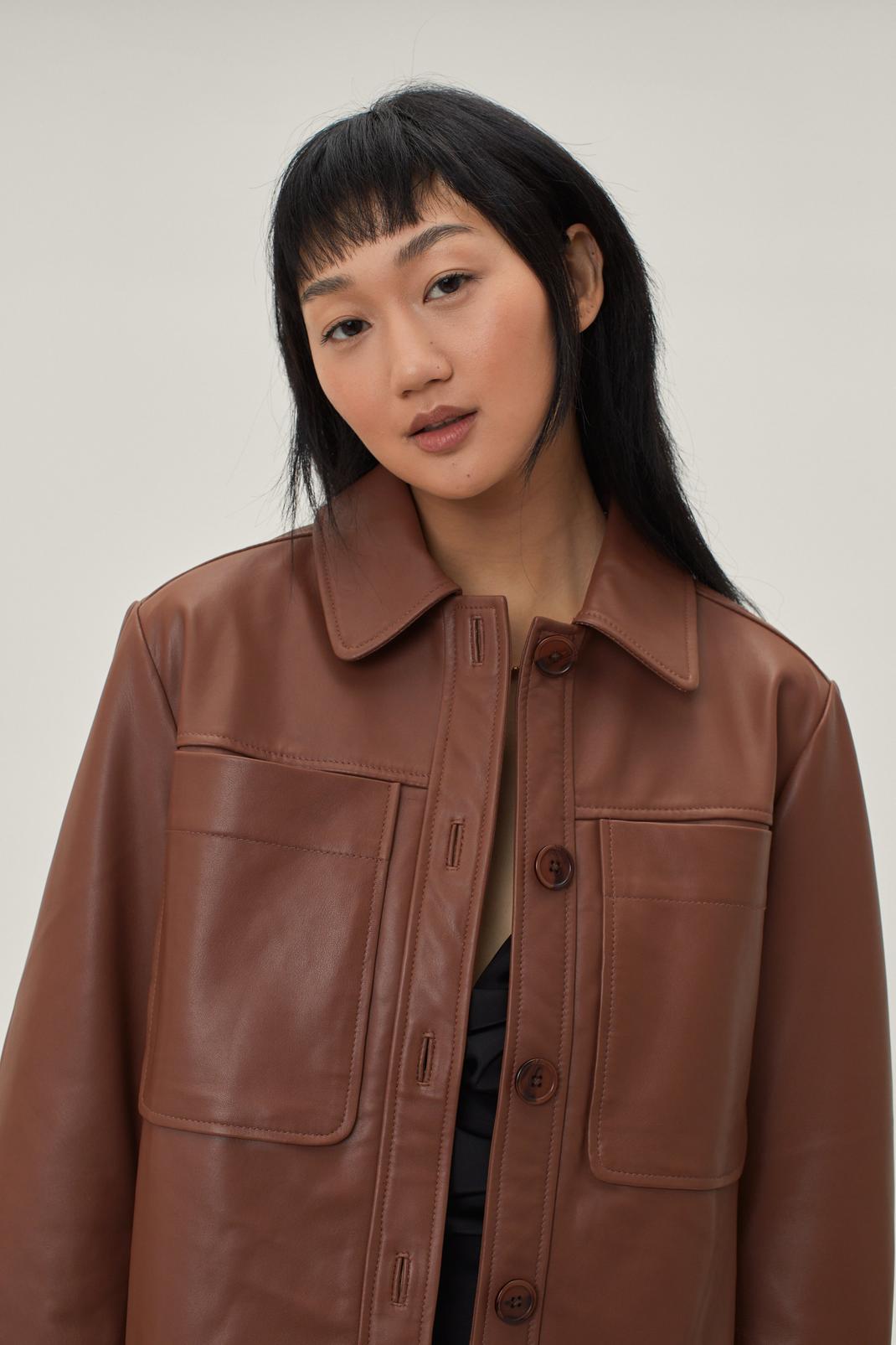 Tan Real Leather Pocket Detail Shirt image number 1