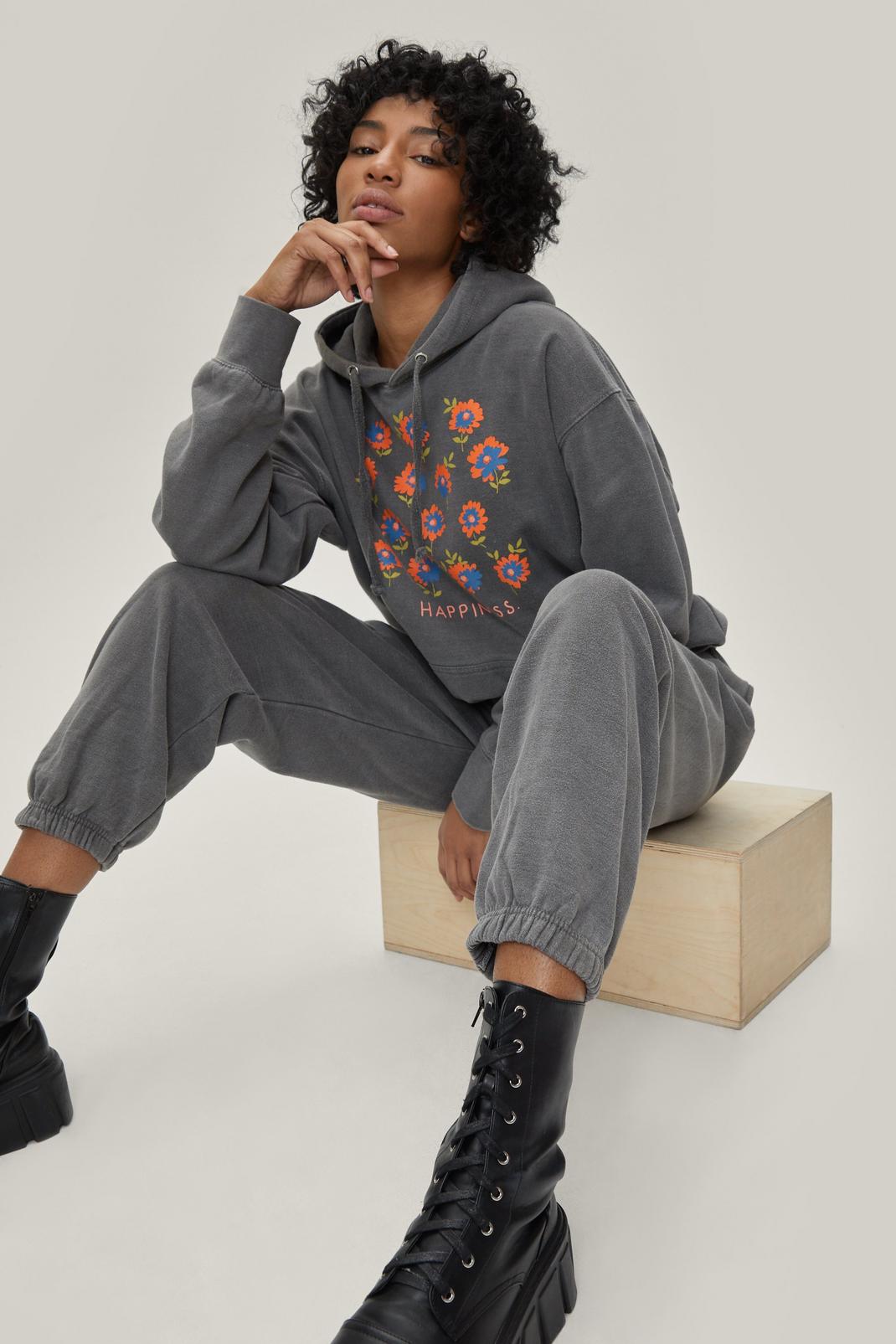 Charcoal Floral Happiness Graphic Relaxed Hoodie image number 1