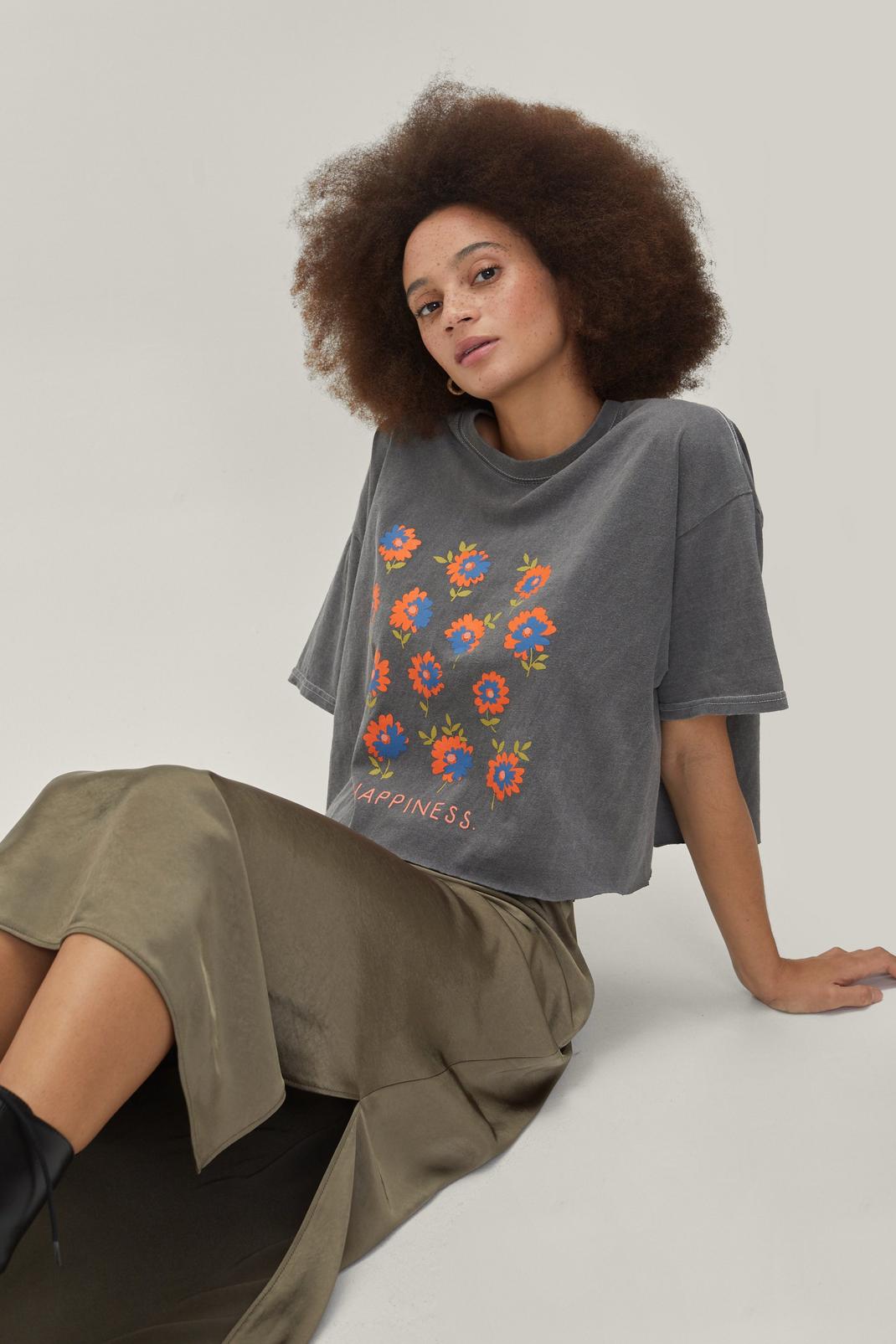 T-shirt délavé court à impressions fleuries, Charcoal image number 1