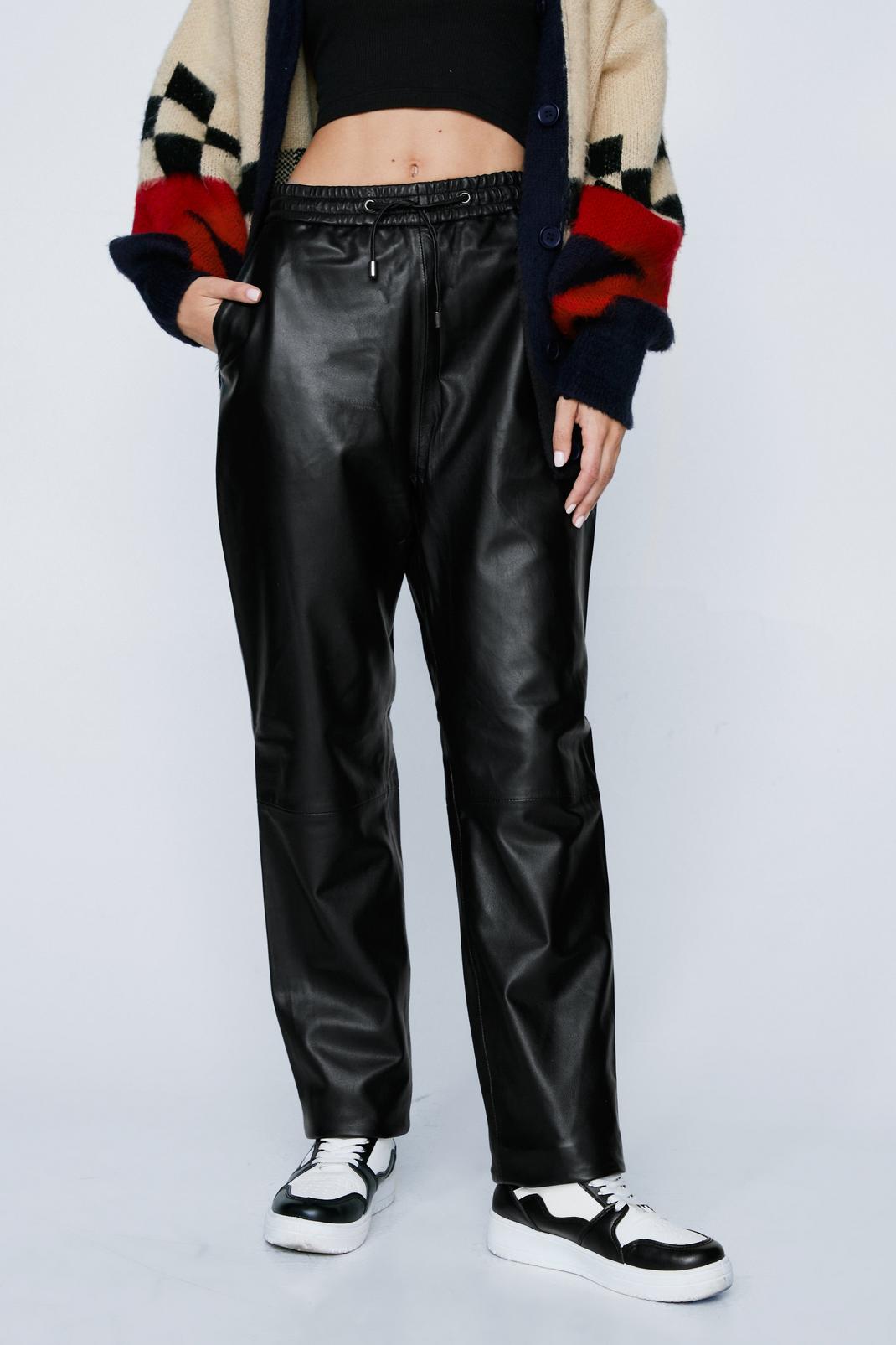 105 Leather Drawstring Waist Straight Leg Trousers image number 2