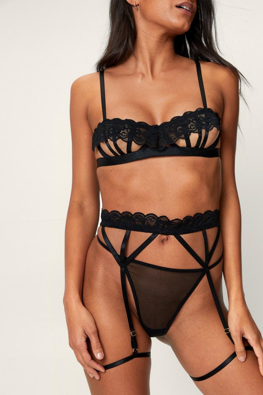 Caged Ruffle Harness Underwired 3pc Lingerie Set