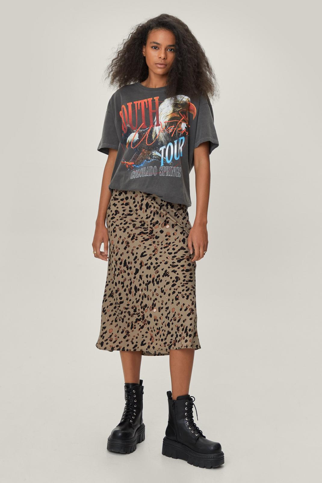 Beige Petite Satin Bias Cut Midi Leopard Print Skirt image number 1