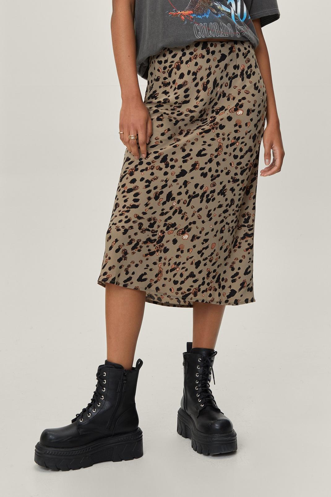 103 Petite Satin Bias Cut Midi Leopard Print Skirt image number 2