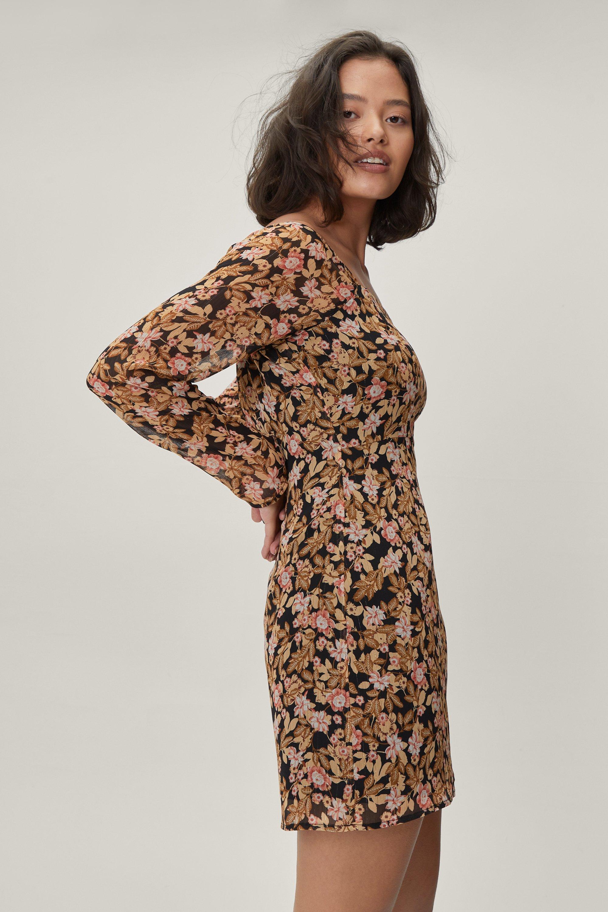 Petite Vintage Floral Long Sleeve Mini Dress