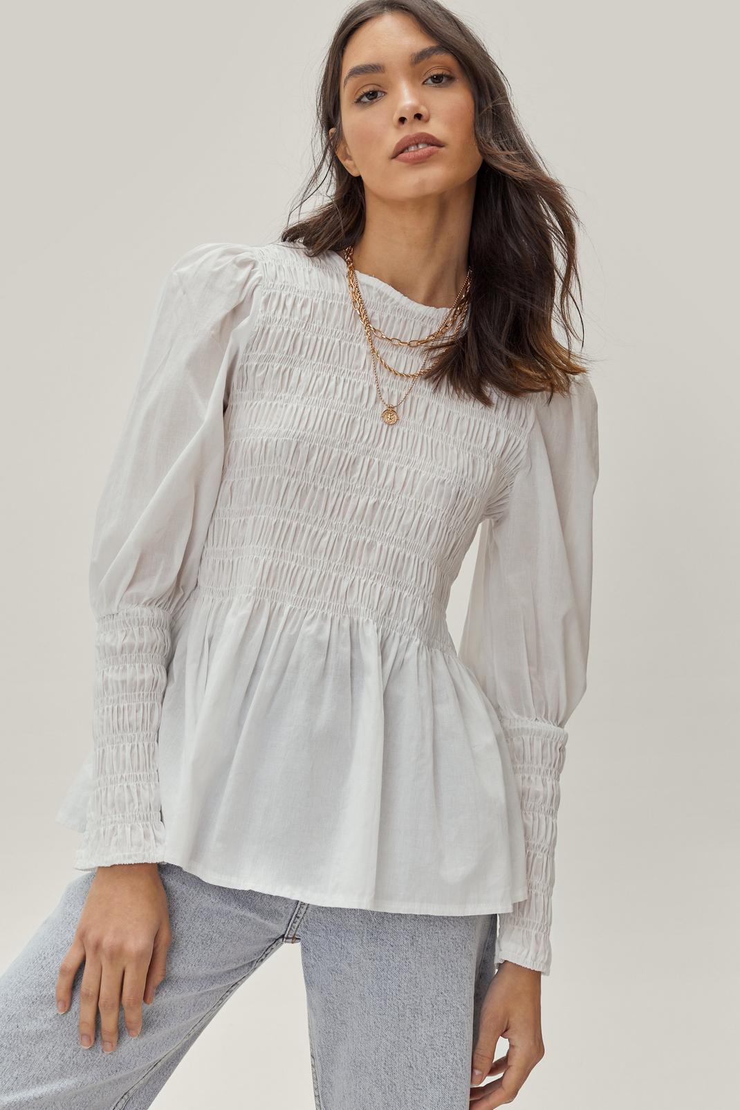 White Poplin Shirred Puff Sleeve Blouse image number 1