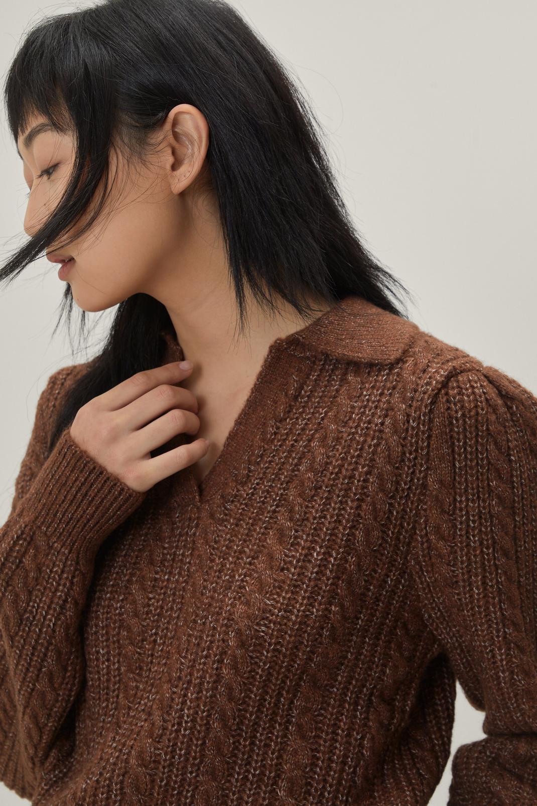 Chocolate Cable Knit Collared Fitted Sweater image number 1