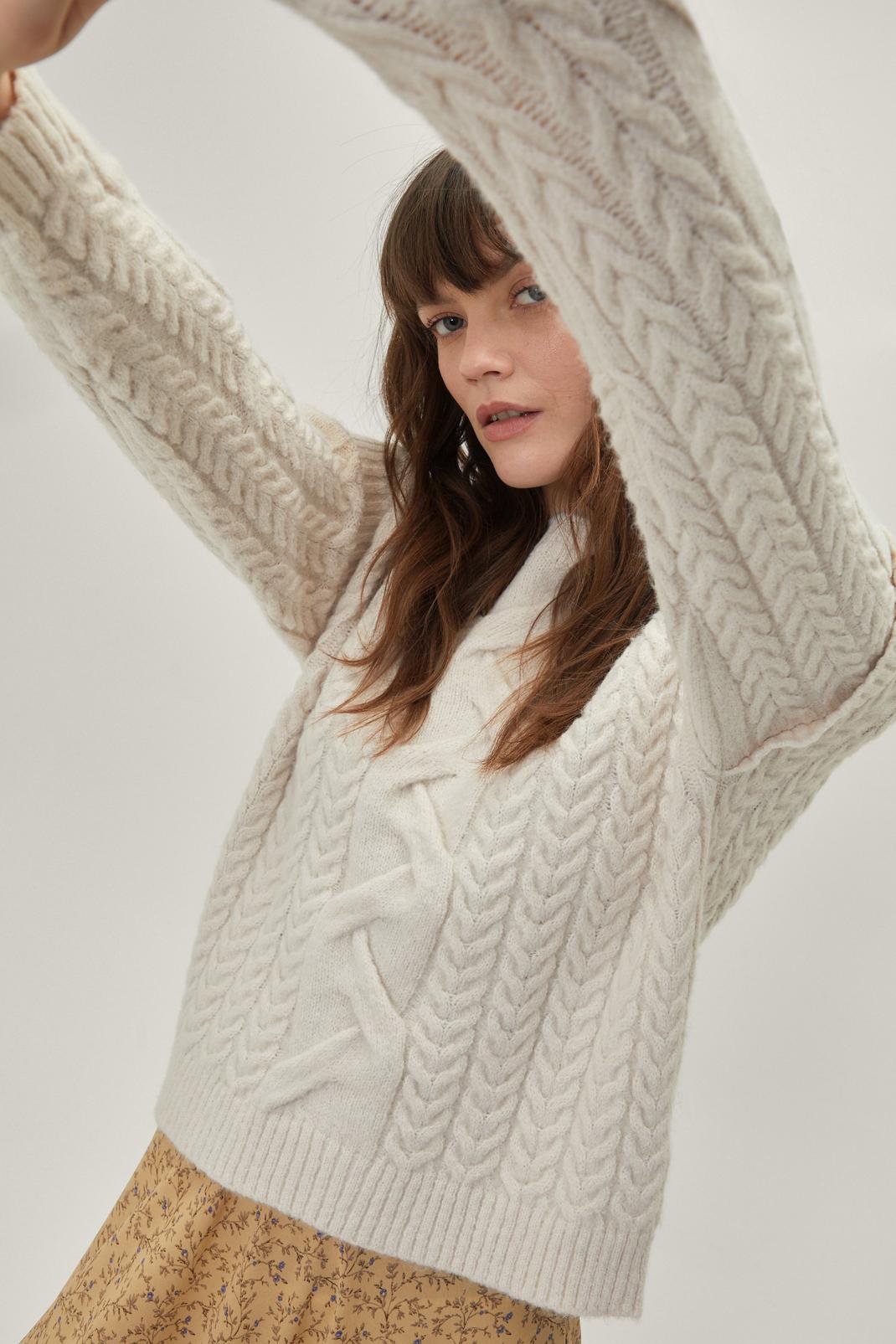 Cream Cable Knit Sleeve Detail Jumper image number 1
