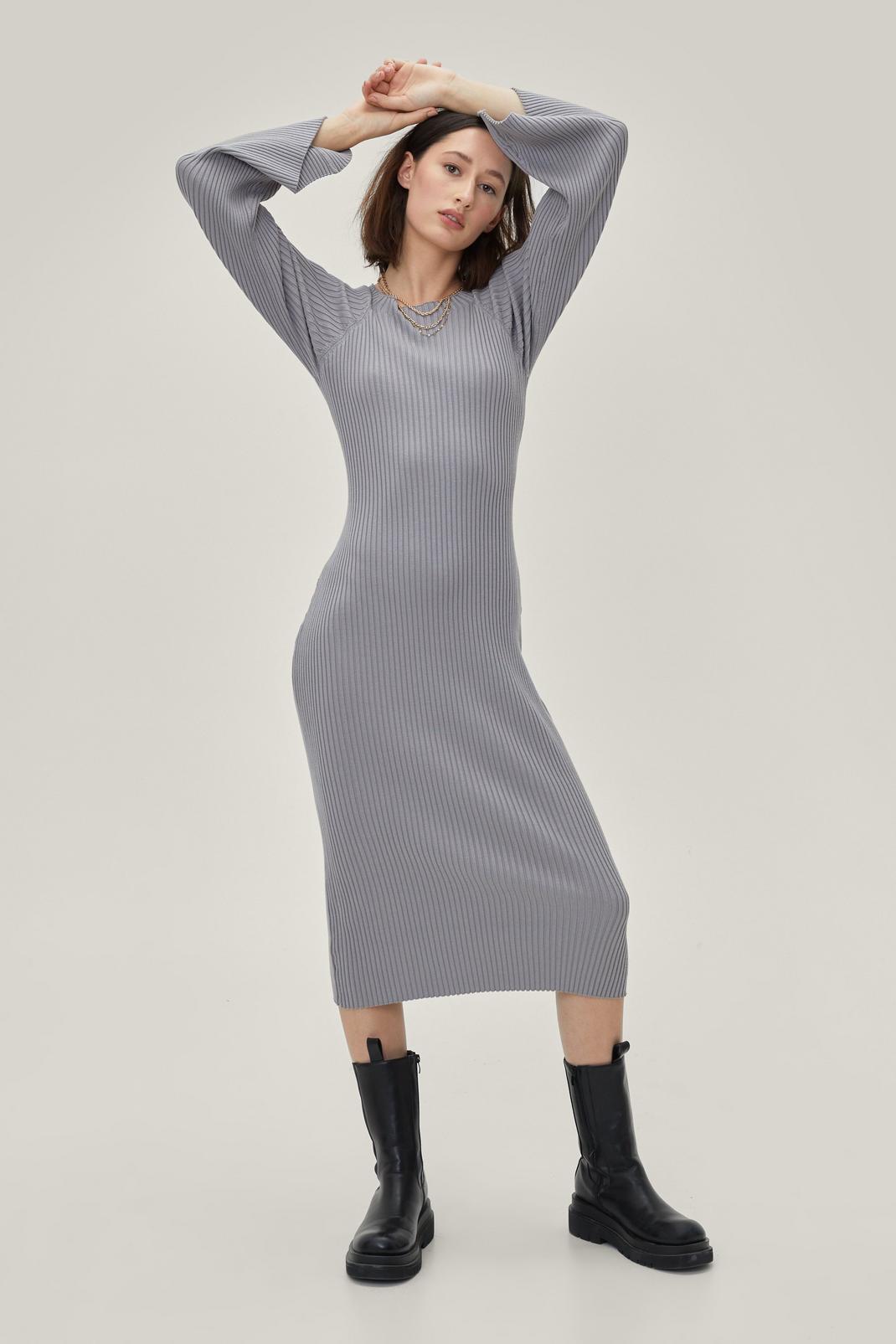 Grey Knitted Flare Sleeve Bodycon Midi Dress image number 1