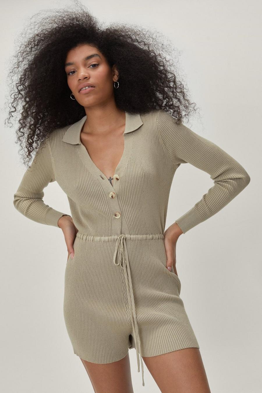 Knitted Ribbed Drawstring Waist Collared Romper