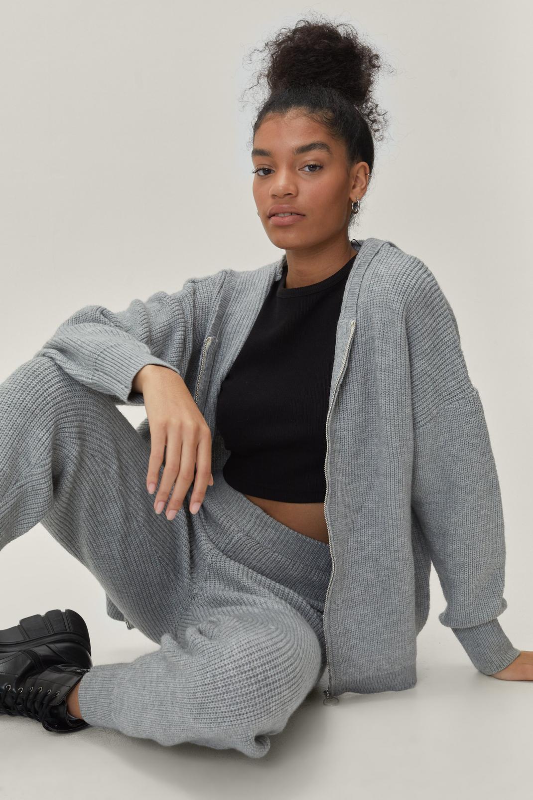 Grey Knitted Zip Through Hoodie and Jogger Set image number 1
