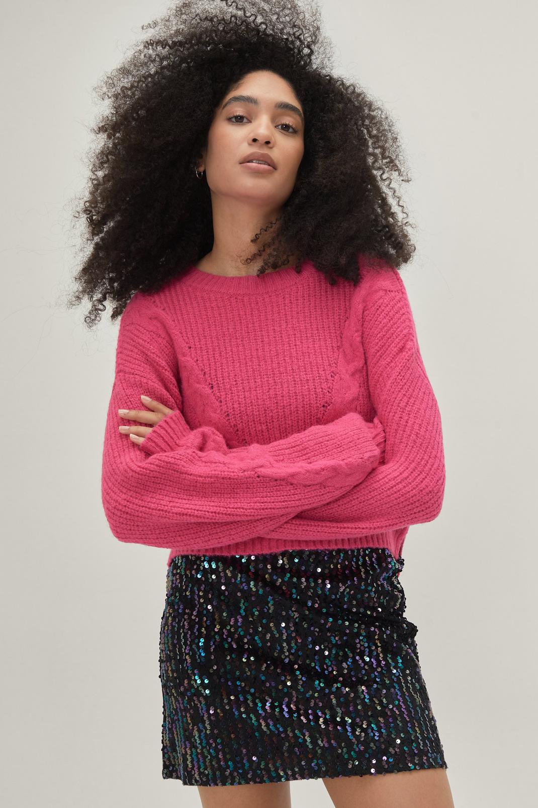 Pink Braid V Chunky Cable Knit Sweater image number 1