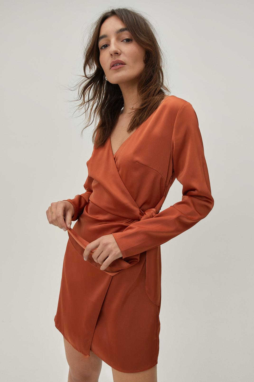 Burnt orange Petite Long Sleeve Wrap Satin Mini Dress image number 1